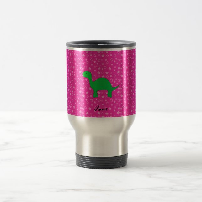 Personalized name dinosaur pink stars travel mug (Center)