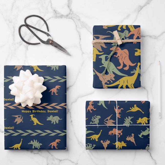 Personalized Name Dinosaur Wrapping Paper Sheets (Front)