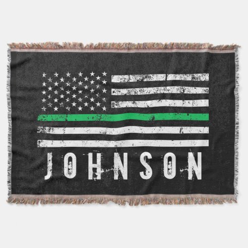 Personalized Name Distressed Thin Green Line Flag Throw Blanket