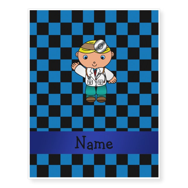 Personalized name doctor blue checkered temporary tattoos (Front)