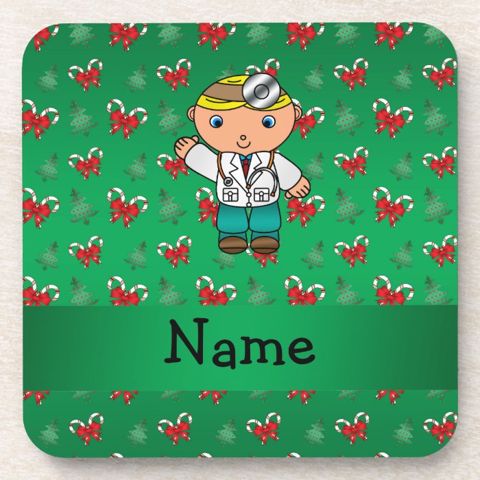 Personalized name doctor green candy canes bows drink coaster