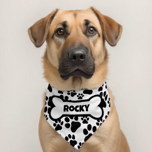 Personalized Name Dog Bone Paw Prints Black White Pet Bandana Collar