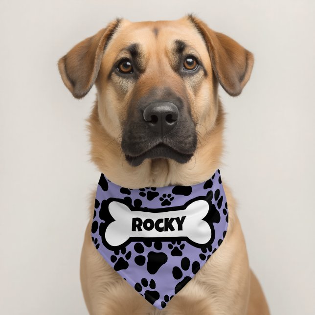 Personalized Name Dog Bone Paw Prints Purple Pet Bandana Collar (Dog 2)