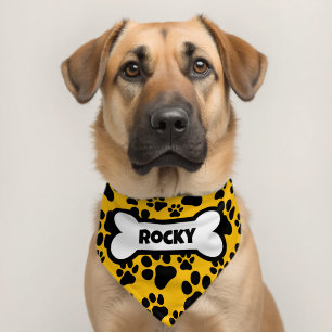 Personalized Name Dog Bone Paw Prints Yellow Pet Bandana Collar