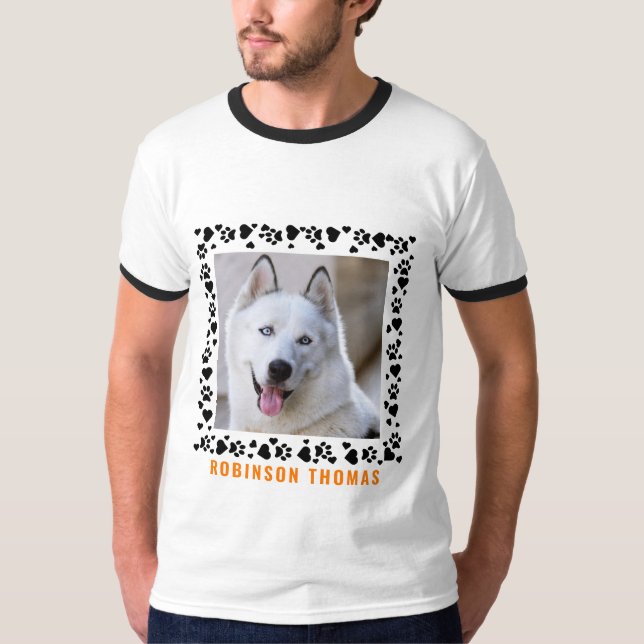 Personalized Name Dog Paw Hearts Photo Minimalist T-Shirt (Front)