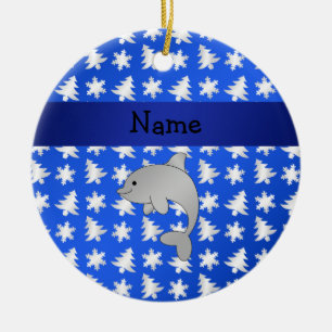 Personalized name dolphin blue snowflakes trees ceramic ornament