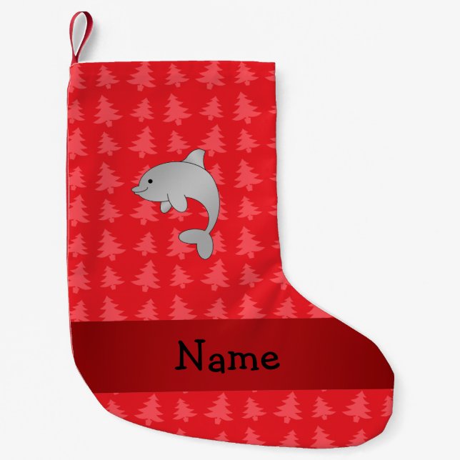 Personalized name dolphin red christmas trees small christmas stocking (Front)