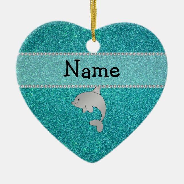 Personalized name dolphin turquoise glitter ceramic ornament (Front)