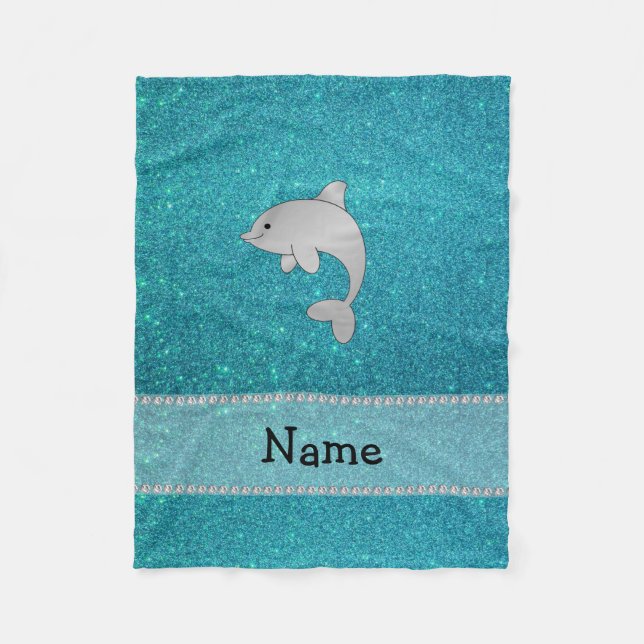 Personalized name dolphin turquoise glitter fleece blanket (Front)