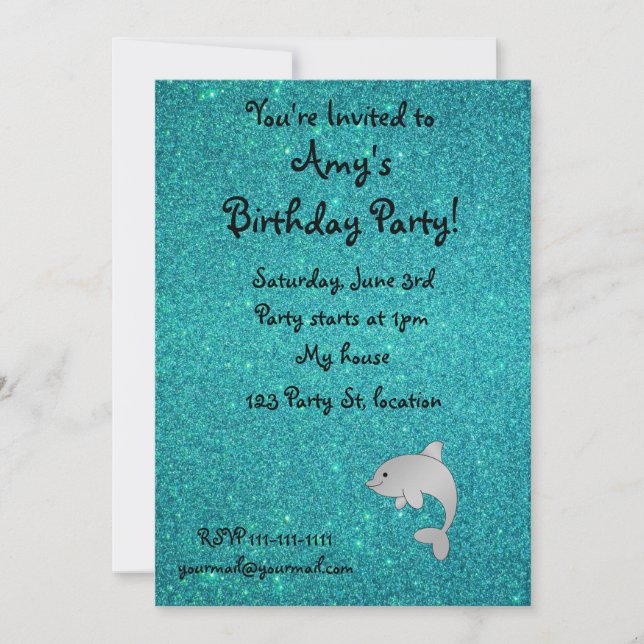 Personalized name dolphin turquoise glitter invitation (Front)