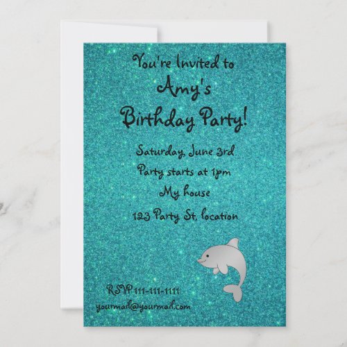 Personalized name dolphin turquoise glitter custom invitations