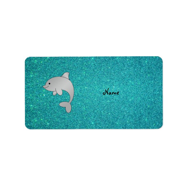 Personalized name dolphin turquoise glitter label (Front)