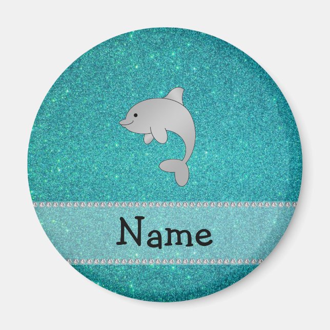 Personalized name dolphin turquoise glitter magnet (Front)