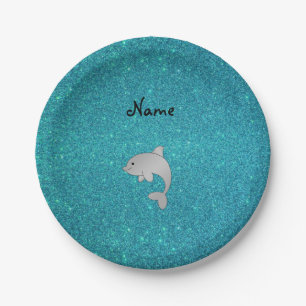 Personalized name dolphin turquoise glitter paper plates