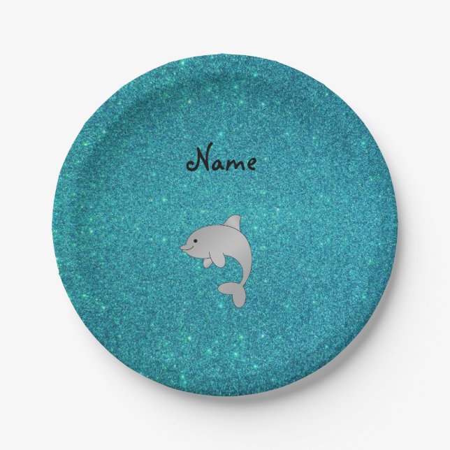 Personalized name dolphin turquoise glitter paper plates (Front)