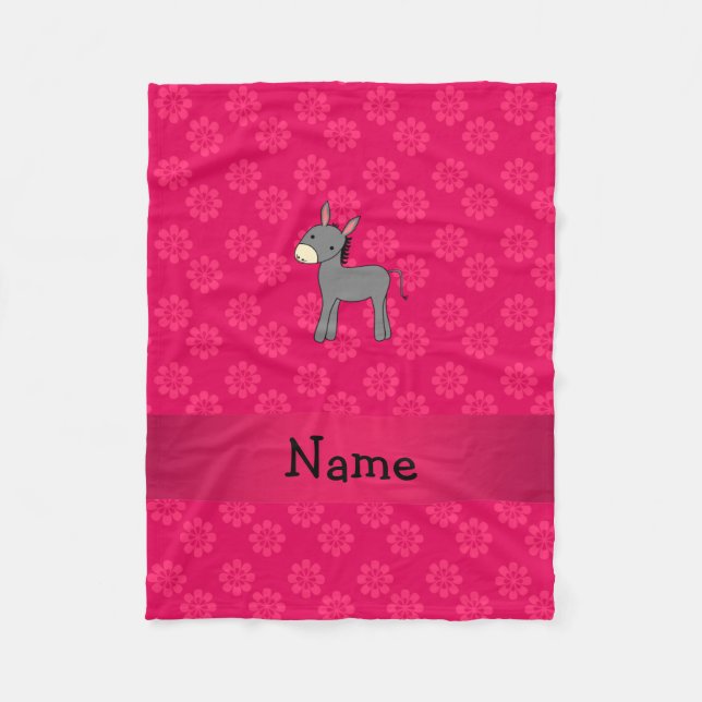 Personalized name donkey pink flowers fleece blanket (Front)