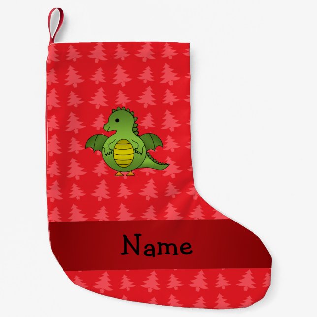 Personalized name dragon red christmas trees small christmas stocking (Front)