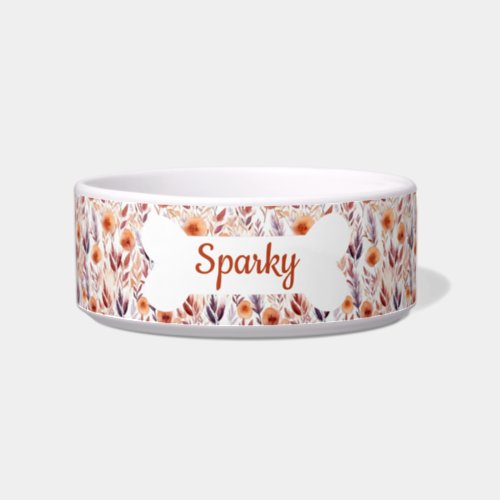 Personalized Name Dried Flowers Pattern Pet Dog Bowl