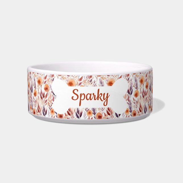 Personalized Name Dried Flowers Pattern Pet Dog Bowl (Front)