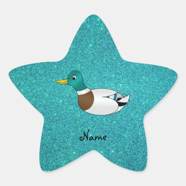 Personalized name duck turquoise glitter star sticker (Front)