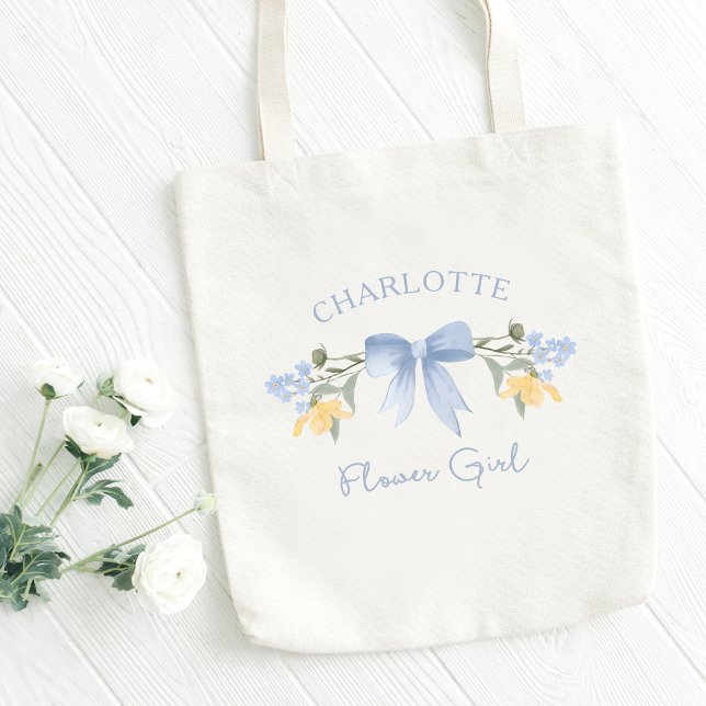 Personalized Name Dusty Blue Cute Bow Flower Girl Tote Bag (Cute flower girl tote with her personalized name and a cute dusty blue bow with wildflowers.)