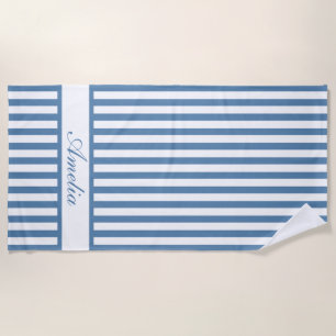 Personalized Name Dusty Blue Stripes Beach Towel