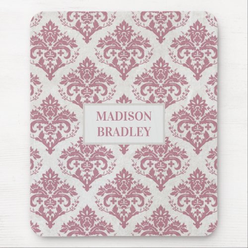 Personalized Name Dusty Pink Vintage Damask Patter Mouse Pad