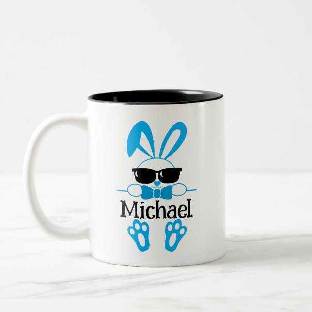 Personalized Name Easter Blue Bunny Sunglasses Two-Tone Coffee Mug (Left)