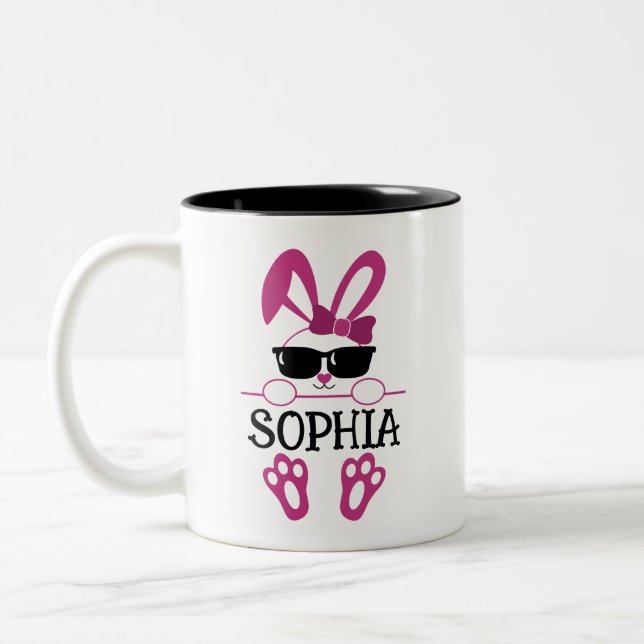 Personalized Name Easter Pink Bunny Sunglasses  Two-Tone Coffee Mug (Left)