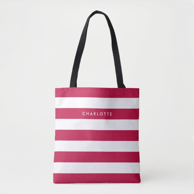 Personalized Name Editable Color and White Stripes Tote Bag (Front)