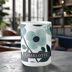  Personalized Name Elegant Blue Aqua Floral Vines Coffee Mug
