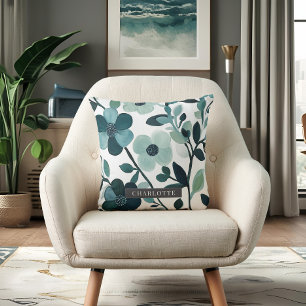 Personalized Name Elegant Blue Aqua Floral Vines Throw Pillow