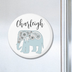Personalized Name Elegant Blue Paisley Elephant Magnet