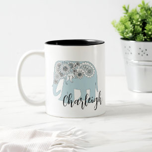 Personalized Name Elegant Blue Paisley Elephant Two-Tone Coffee Mug