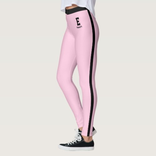 Personalized Name Elegant Blush Pink Black Stripes Leggings