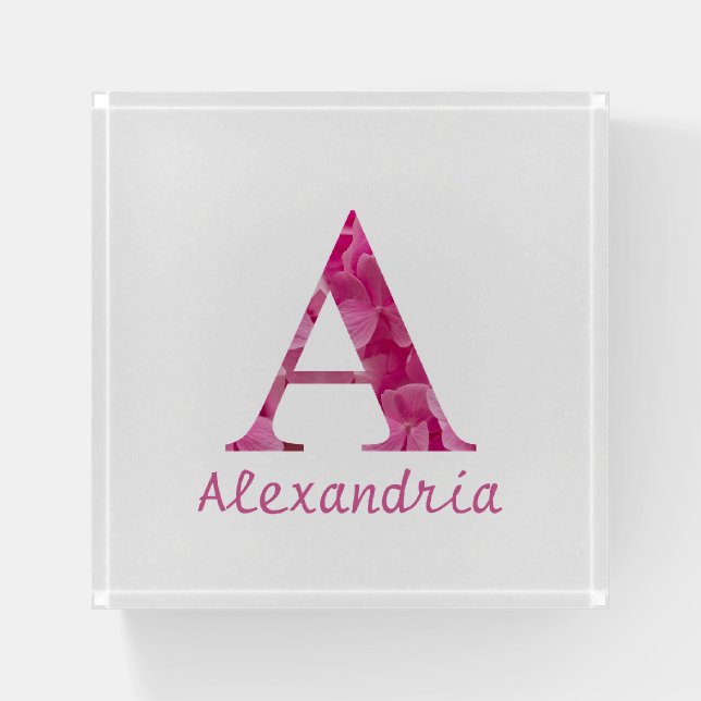 Personalized Name Elegant Pink Floral Monogram "A" Paperweight (Front)