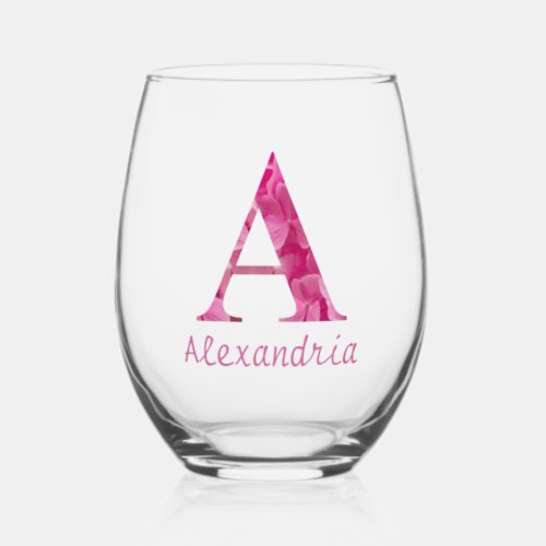 Personalized Name Elegant Pink Floral Monogram A Stemless Wine Glass