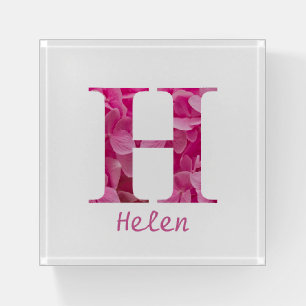 Personalized Name Elegant Pink Floral Monogram "H" Paperweight
