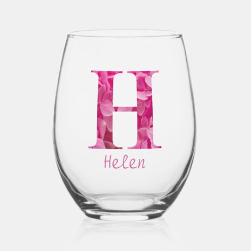 Personalized Name Elegant Pink Floral Monogram H Stemless Wine Glass