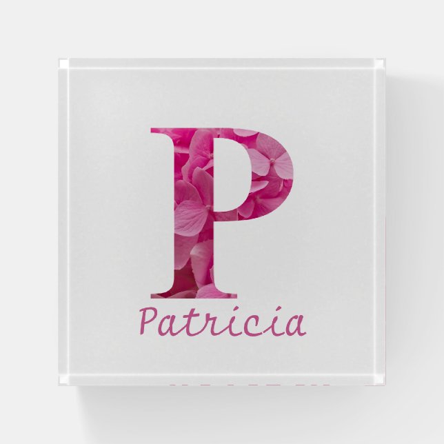 Personalized Name Elegant Pink Floral Monogram "P" Paperweight (Front)