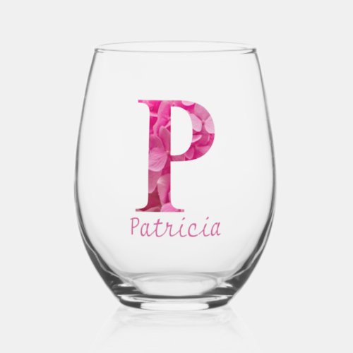 Personalized Name Elegant Pink Floral Monogram P Stemless Wine Glass