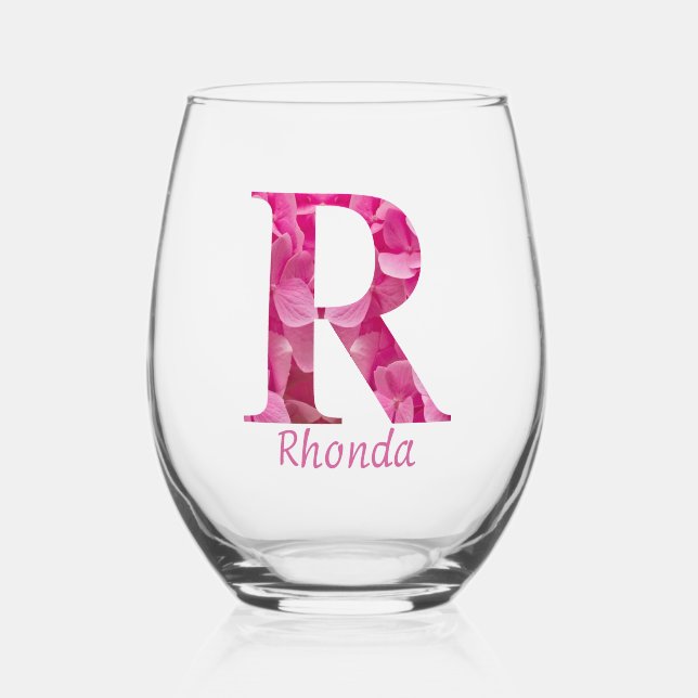 Personalized Name Elegant Pink Floral Monogram "R" Stemless Wine Glass (Front)