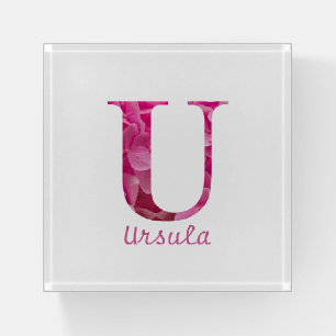 Personalized Name Elegant Pink Floral Monogram "U" Paperweight