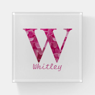 Personalized Name Elegant Pink Floral Monogram "W" Paperweight