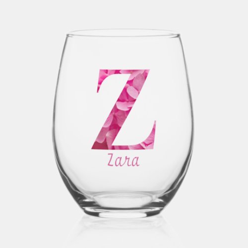 Personalized Name Elegant Pink Floral Monogram Z Stemless Wine Glass