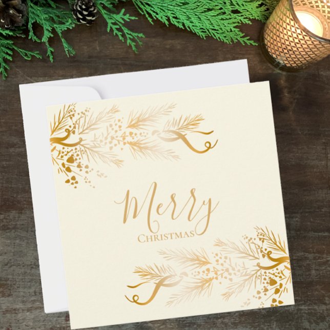 Personalized Name Elegant Unique Merry Christmas Holiday Card (Personalize this original design golden cream Merry Christmas greeting card with family name custom )