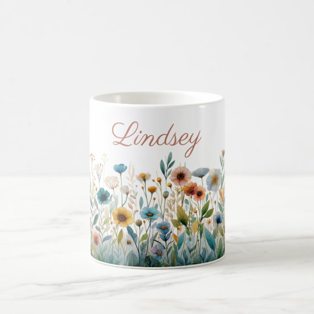 Personalized Name Elegant Watercolor Floral Gift  Coffee Mug (Center)