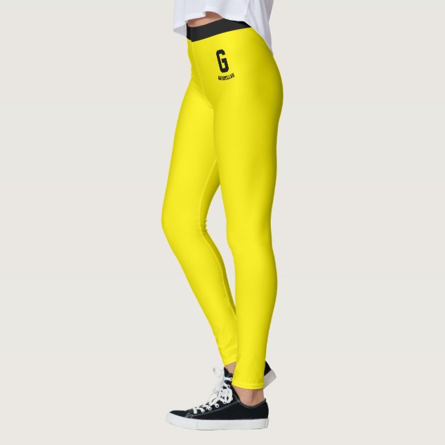 Personalized Name Elegant Yellow Black Monogram Leggings (Left)