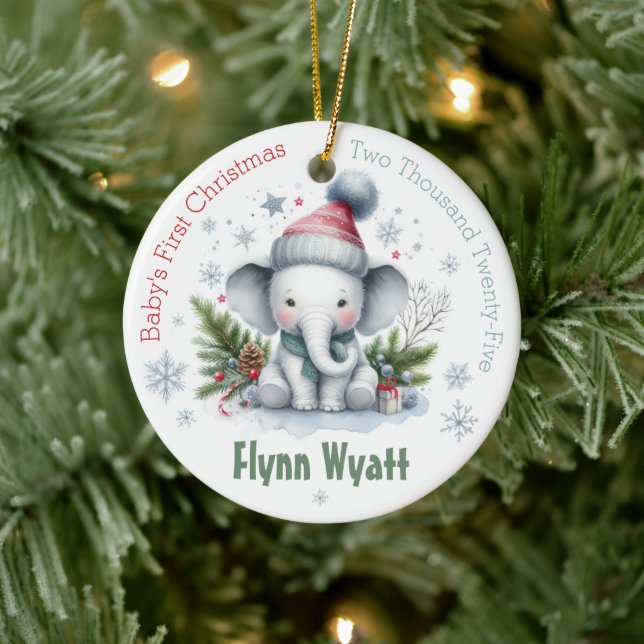 Personalized Name Elephant Baby Boy 1st Christmas Ceramic Ornament (Tree)