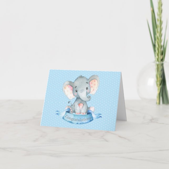 Personalized Name Elephant Baby Boy Blue and Gray  Thank You Card (Front)